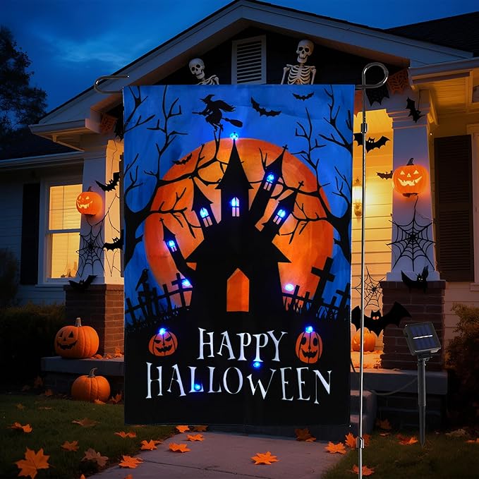 LED Christmas Haunted House Garden Flag Stake, Solar-Powered Double-Sided Outdoor Decor, Scary Yard Flag for Patio Lawn Thanksgiving Party Winter Holiday Decorations & Gifts