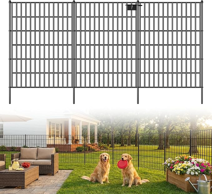 Toolterritary 10 Panels No Dig Decorative Garden Fence with Gate, 40in(H) x 25ft(L), Dog Fence Outdoor for Yard - Rustproof Metal Animal Barrier Fencing for Patio, Flower Bed, Ideal for Dogs, Rabbits