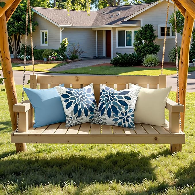 Floral Outdoor Pillow Covers Waterproof Spring Throw Pillow Cases Dark Blue Grey 16x16 Inch Set of 2 Decorative Summer Cushion Covers for Patio Furniture Garden Bench Porch Sofa