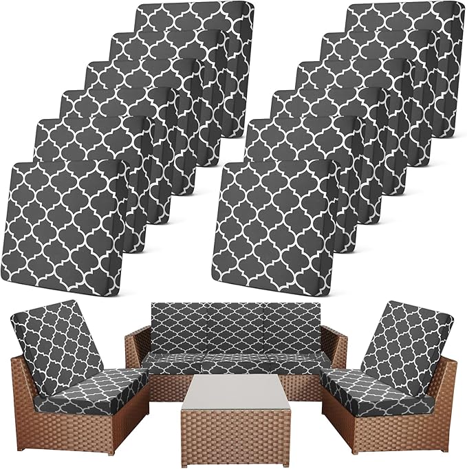 Newwiee 12 Pcs Patio Cushion Covers Outdoor Stretch Sofa Couch Cover Replacement Couch Slipcover Sofa Seat Chair Porch Patio Furniture Protector, Flexibility Washable(Dark Gray,Moroccan)