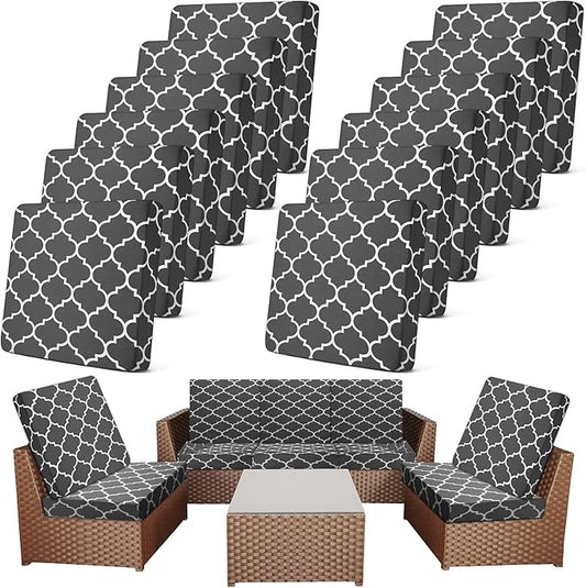 Newwiee 12 Pcs Patio Cushion Covers Outdoor Stretch Sofa Couch Cover Replacement Couch Slipcover Sofa Seat Chair Porch Patio Furniture Protector, Flexibility Washable(Dark Gray,Moroccan)