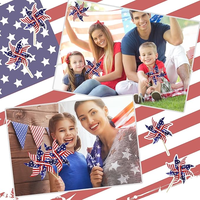 HOOSUN 4th of July Decorations,12Pcs American Flag Patriotic Pinwheels for Yard and Garden,Fourth of July Pinwheels Patriotic Memorial Day Decorations,Garden Wind Spinners,Pinwheel for Kids,Lawn,Patio