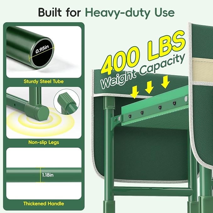 Housolution Garden Kneeler and Seat with Anti-Tipping Extendable Legs, Foldable and Portable Garden Stool with 2 Tool Bags, Thick Soft Kneeling Pad, Gardening Gifts for Women Men Seniors, Deep Green