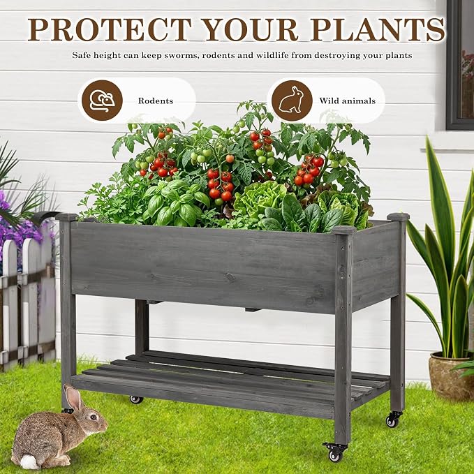 Raised Garden Bed with Lockable Wheels, 48x24x32 inch Elevated Wood Planter with Storage Shelf Protective Liner for Vegetable Flower Herb Outdoor Balcony Patio Backyard, Grey