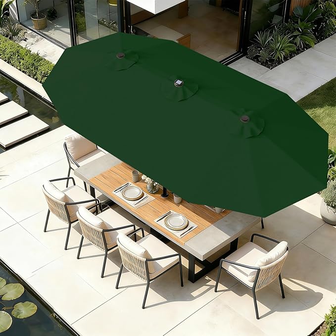 AreShark 13 FT Patio Umbrella with Solar Lights, Double-Sided Outdoor Table Umbrellas with Crank, Large Rectangular Market Umbrella for Porch, Lawn, Pool, Backyard, Dark Green