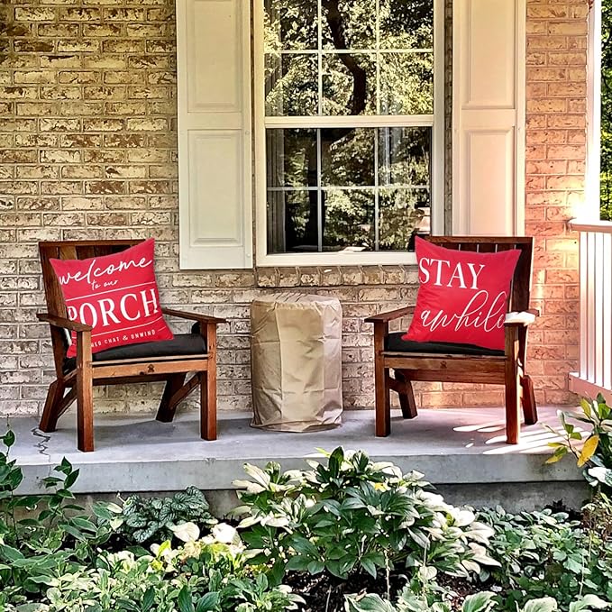 TAJWE Red Outdoor Pillow Covers Waterproof 18x18 Set of 2 Decorative Welcome to Our Porch Stay Awhile Cushion Cases for Patio Furniture Sofa Couch Decor