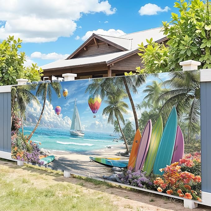 7 * 16FT Summer Hot Air Balloon Garage Door Cover Decorations Sunset Palm Trees Garage Door Banner for Outdoor Indoor Summer Party Photography Backdrop