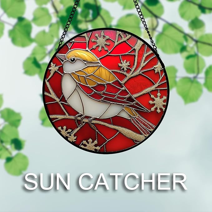 DASTOLL Stained Glass Window Hanging 4 Pcs Set Red Christmas Themed Decorations Large 15" - Suncatcher Door Garden Sun Catcher Decor Birthday New Year for Mom Woman Nana Men