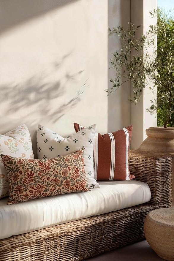 Crumbs Home Modern Farmhouse California Casual Indoor Outdoor Lumbar Pillow Cover, 12"x20" Water Repellent for Patio, Backyard, Couch, Poolside, Rust Orange Print Sketch Botanical Flowers and Leaves