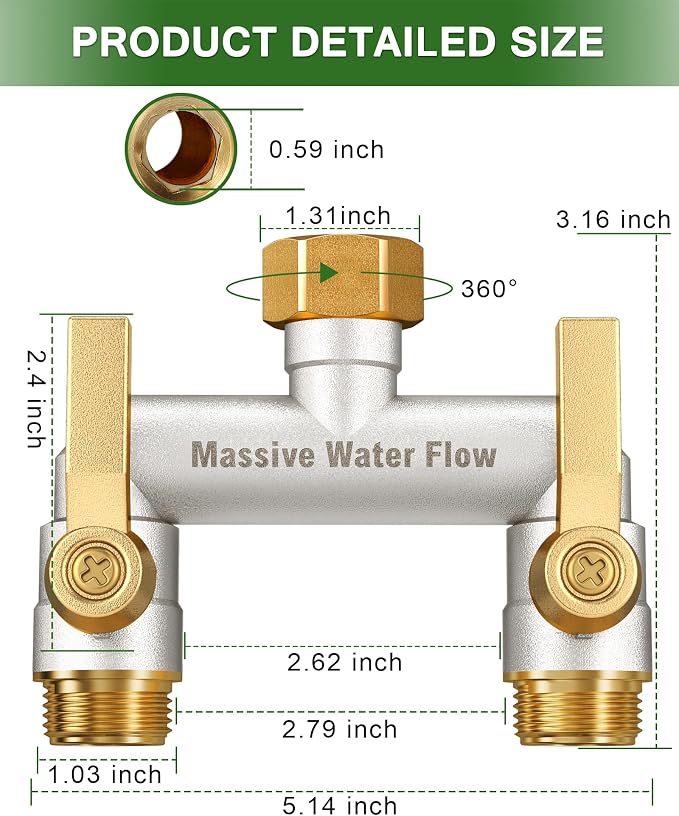 Hose Splitter 2 Way Heavy Duty, Full Flow Solid Brass Nickel Plated Garden Hose Splitter, Spigot Splitter Valve with Metal Handle, Outdoor Faucet Splitter, 3/4 - Inch Frost Resistant Hose Adapter