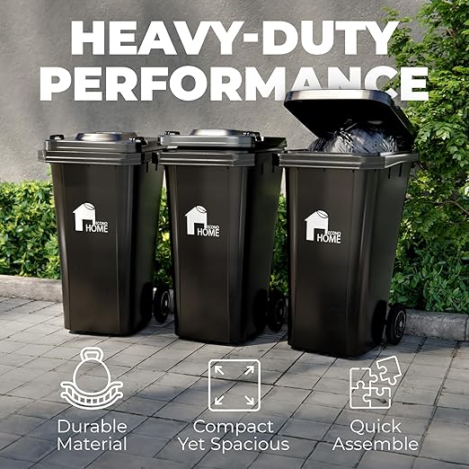 EconoHome Outdoor Garbage Can with Lid - 32 Gallon Trash Can for Backyard, Deck, Garage - Dual Wheels, Extra Heavy-Duty, Durable Handle - Versatile Home & Commercial Storage Container - Black, 1-Pack