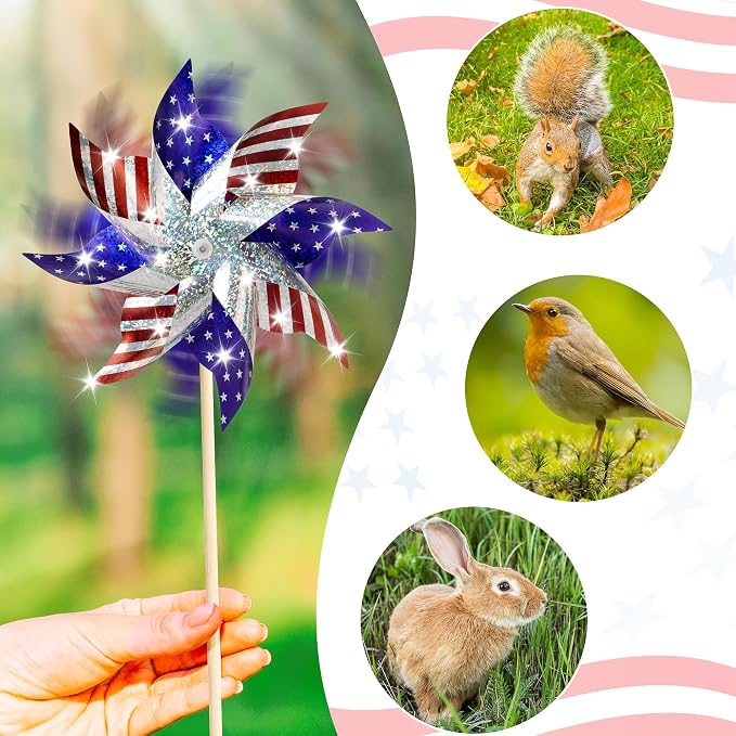 HOOSUN 10 Pcs 4th of July Pinwheels for Yard and Garden 4th of July Decorations,American Flag Patriotic Pinwheels to Scare Birds Away,Red White Blue Reflective Wind Spinners,Memorial Day Decorations