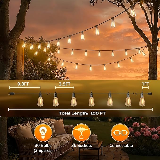 100FT Outdoor String Lights, Waterproof Patio Lights with Shatterproof ST38 Vintage Edison Bulbs, Connectable Outside Hanging Lights for Backyard, Porch, Deck, Balcony, Garden, 2700K Dimmable