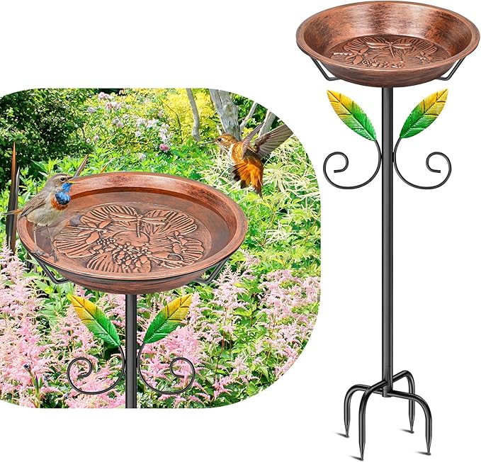 Metal Bird Bath for Outside Feeder Bowl, Detachable Birdbath & Birdfeeder with Base Stake, Vintage Bird Baths for Outdoors Garden Yard Lawn Decor (Dragonfly Vintage Brown)
