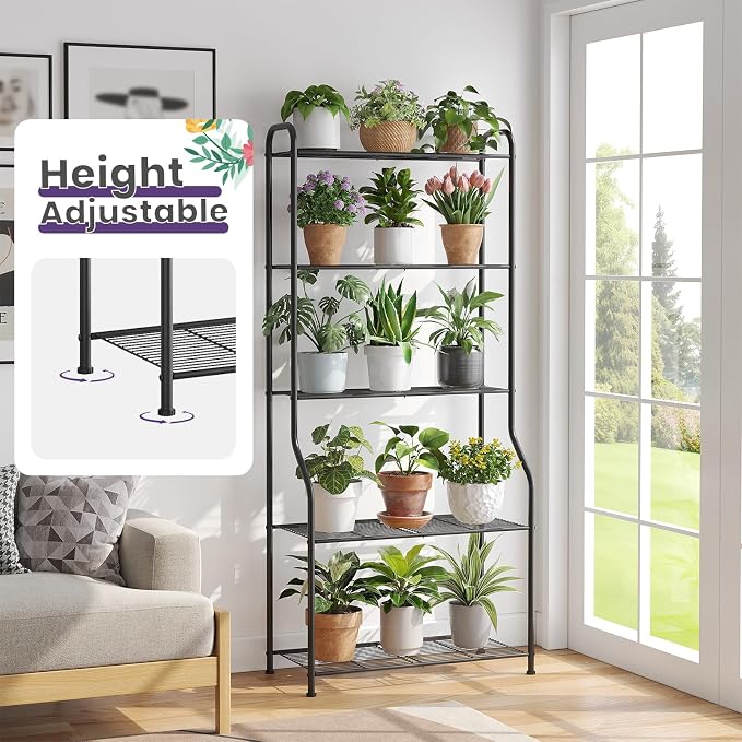 5-Tier Corner Plant Stand, Metal Black Flower Pot Rack, Indoor Outdoor Heavy Duty Shelf (Black, 5 Tier)