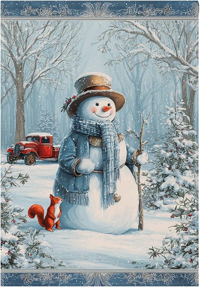 Pfrewn Christmas Winter Garden Flag 12x18 Double Sided Snowman Squirrel Snow Forest Small House Yard Flags Welcome Seasonal Outdoor Indoor Banner for Xmas Holiday Yard Home Decoration