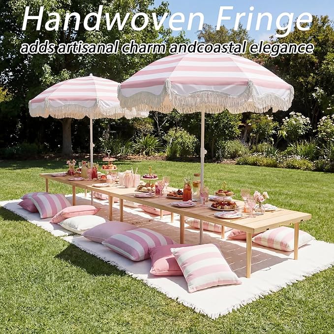 6.5 Ft Fringe Patio Umbrella and 71"x 91" Extra Large White Picnic Blanket UPF50+ Outdoor Tassels Ruffles Beach Umbrella with Steel Pole for Camping Patio Lawn Beach Park
