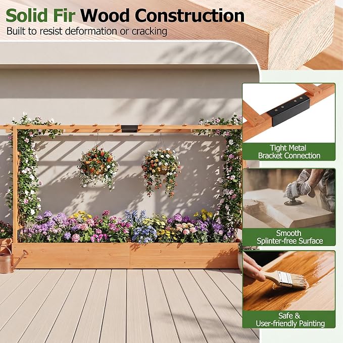 HAPPYGRILL Raised Garden Bed with Trellis, 2 Freestanding 45" Wood Planter Box w/Hanging Roof & 8 Drainage Holes for Climbing Plants Flowers, Outdoor Wood Elevated Garden Bed for Patio Yard,Orange