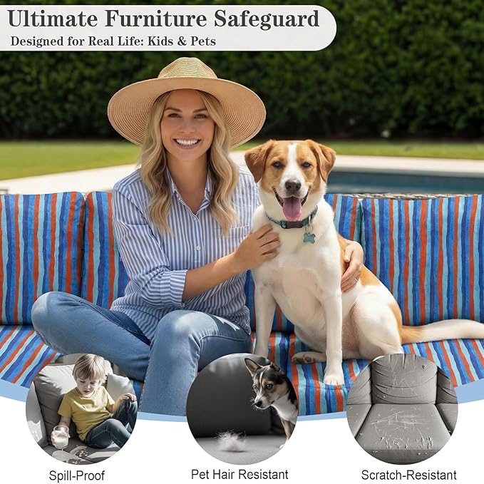 8 Pack Outdoor Cushion Covers Water Resistant High Stretch Fit Patio Cushion Covers 180g Couch Seat Slipcovers Machine Washable Pet & Kids Friendly Home Refresh 20-27 Inch, Teal Stripe