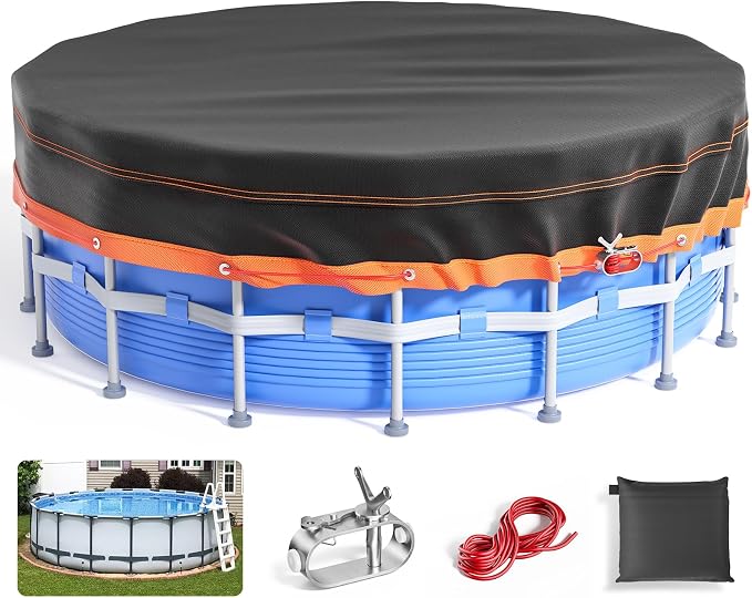 Round Pool Cover - Solar Covers for Above Ground Pools, Oxford Fabric Pool Covers for Above Ground Pools with Winch and Cable, Waterproof and Dustproof Swimming Pool Cover (Round Pool Cover, 33FT)