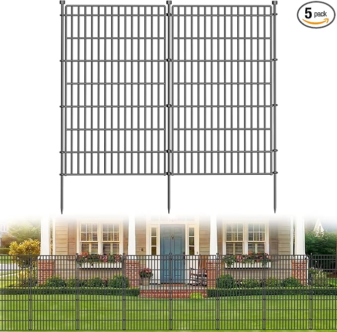 5 Panels No Dig Garden Fence Animal Barrier, 44in(H) × 11.8ft(L) Decorative Metal Outdoor Dog Fence, Rustproof Pet Fencing for Yard, Patio, Flower Bed -Temporary Fencing| Easy to Install