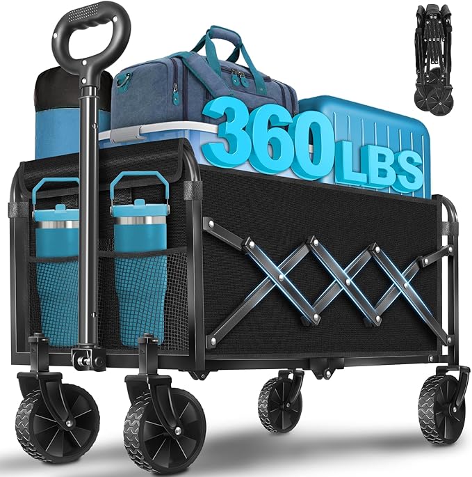 Collapsible Wagon Cart with Wheels Foldable: 360LBS Heavy Duty Folding Utility Wagon - Portable All Terrain Grocery Wagon Cart for Groceries Shopping Outdoor Camping Fishing Sports (Dark Black)