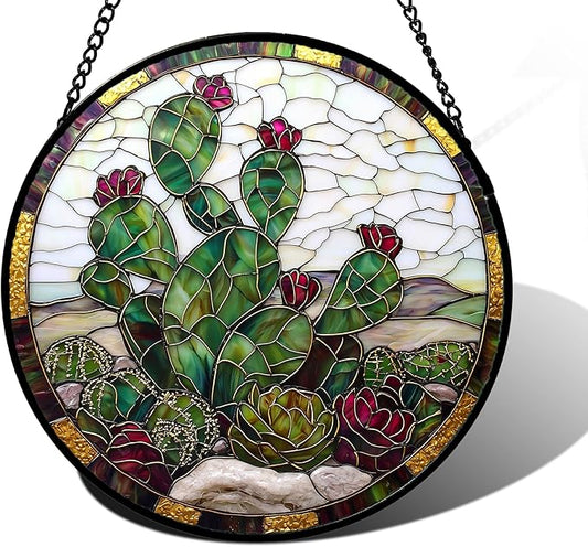 DASTOLL Stained Glass Window Hanging,Green Cactus Purple Flowers Suncatcher Diamond Glass Panel Sun Catchers Decor for Birthday for Women, Men, Wife, Aunt, and Mom 6.3 in