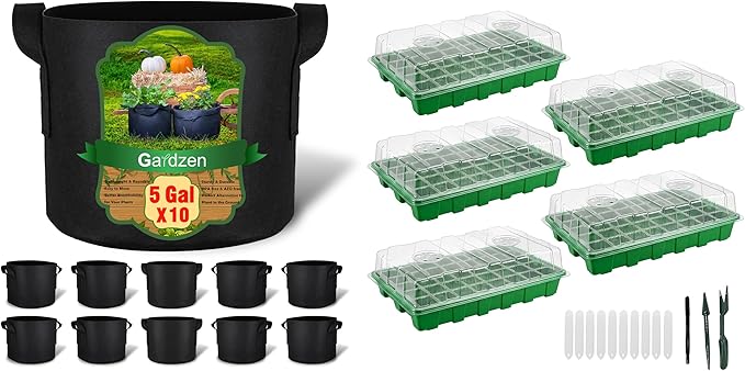 Gardzen 10 Pack 5 Gallon Grow Bags & 5 Pack 40 Cell Seed Starter Tray Kit, Thickened Aeration Fabric Pots with Handles, BPA Free Reusable Seedling Trays with Humidity Vented Domes for Indoor Outdoor P