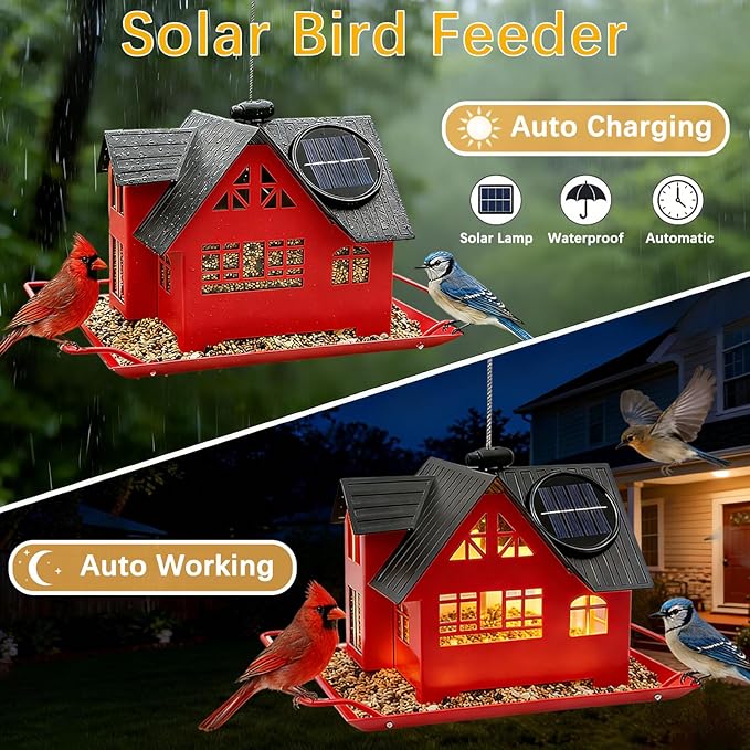 Solar Bird Feeders for Outdoors Hanging, Heavy-Duty Metal Birdfeeders Outside Hanging with Solar Lights, Wild Bird Feeders for Garden Decor, Unique Gifts for Bird Lovers, Mom and Grandma
