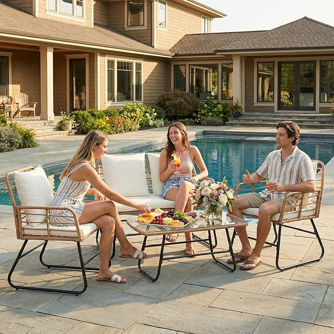 DUMOS Outdoor 4 Piece Patio Furniture Set, Wicker Patio Set with Thick Sandwich Structure Cushions, Deep Seating All-Weather Rattan Sofa and Functional Glass Table for Porch, Lawn, Brown