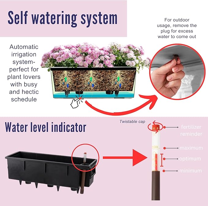 LaLaGreen Railing Planter Boxes (14 Inch, 2 Pack) Self-Watering Window Box Planters with Brackets, Rectangular Hanging Flower Pots for Balcony Deck Fence, Outdoor Herb Garden Plastic Planters Black