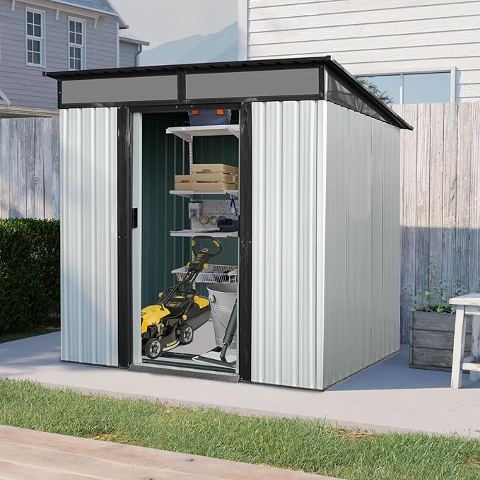 6FT x 5FT Outdoor Storage Shed, Heavy Duty Galvanized Steel Garden Shed with Sloped Roof, Sliding Lockable Doors, Punched Vents & Foundation Kit, Weather Resistant Tool Shed for Backyard, White+Black