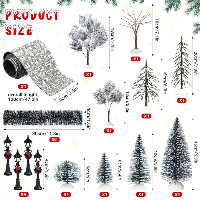 Hotop 18pc Christmas Village Accessories 47.2 Inch Village Roads Mini Snowy Trees Streets Light Lamppost Hedge Figurines Set for Display Winter Holiday Decorations DIY Crafts No Batteries(Chill)