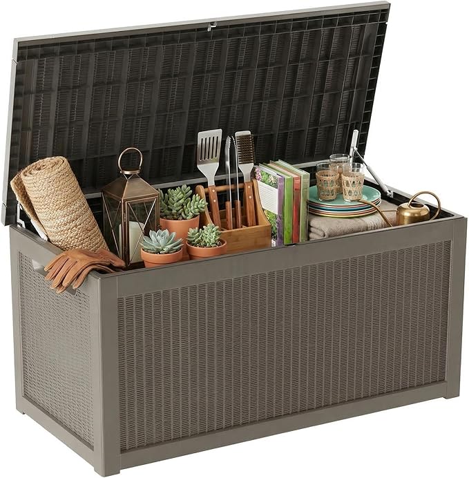 265 Gallon Resin Deck Box Outdoor Storage Chest, Large Waterproof Patio Storage Box All-Weather Garden Storage Container for Cushions, Pool Supplies, Yard Tools – Easy Assembly, Lockable Lid