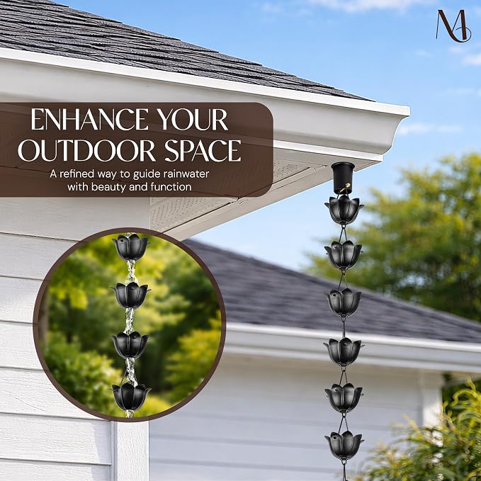 Monarch Rain Chains Aluminum Lotus Black Rain Chains for Gutters – 8.5 ft Black Decorative Rainchain Outdoor Durable Heavy Duty Gutter Chain Downspout, Modern Rainchains for Outside