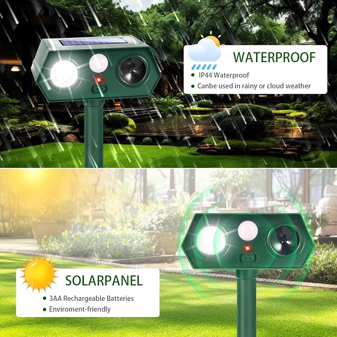 2026 Upgraded Solar Ultrasonic Animal Repeller Deer Repellent Devices with Motion Sensor & LED Flashinglight Cat Deterrent Outdoor to Keep Away Squirrel Rabbit Raccoon Dog for Garden, Yard 4 Pack