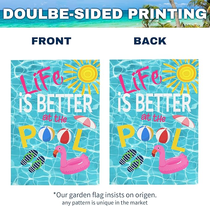 Life Is Better at the Pool Garden Flag Summer Pool Party Outdoor Decor Double Sided Swimming Pool Flags Flamingo Beach Ball Sunshine Yard Banner Lawn Patio House Poolside Decor 12x18 Inch