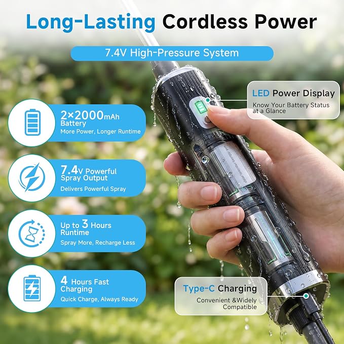 Battery Powered Garden Sprayer 2 Gallon, 7.4V Rechargeable Weed Sprayer with 3 Pressure Mode, 5 Spray Nozzles, Telescopic Wand, Battery Indicator, Adjustable Strap for Lawn Garden, Blue