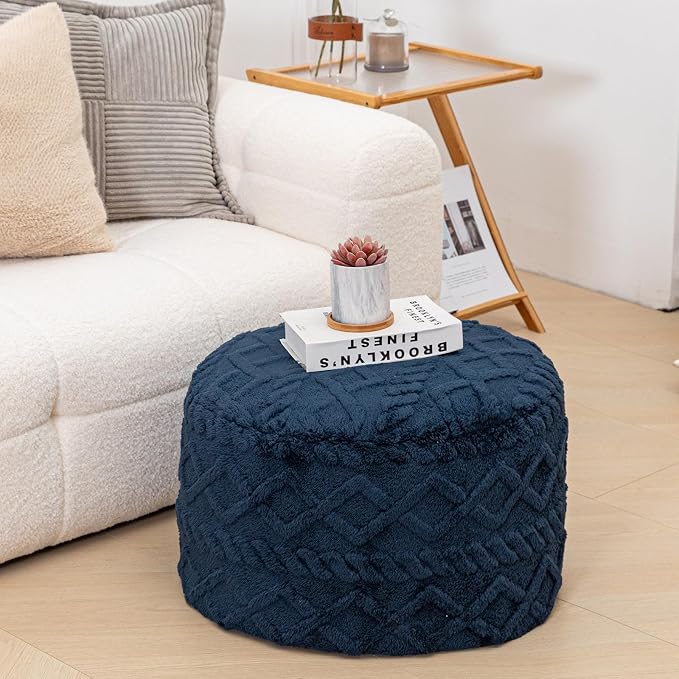 Poofieotto Round Pouf Ottoman Stuffed 20x12 Inches Floor Pouf Chair for Living Room Bedroom Modern Foam Pouf Ottoman Foot Rest for Couch Home Decor Pouffe Dark Blue