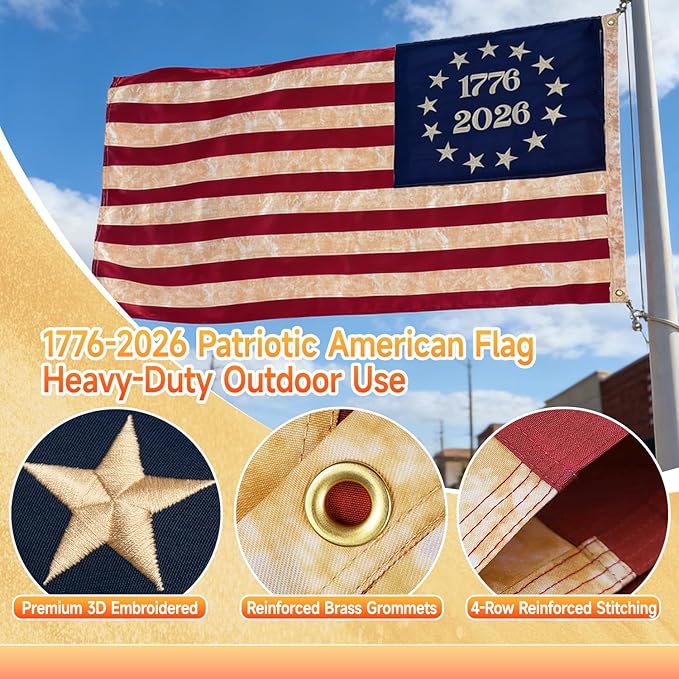 1776-2026 Vintage American Flag 3x5 FT for Outside Outdoor Heavy Duty, Anniversary USA Flag with Embroidered Stars,Sewn Stripes and 4-Row Stitching,All-Weather Durable Tear-Resistant UV-Resistant Indestructible Weatherproof Windproof High-Wind US Natio...