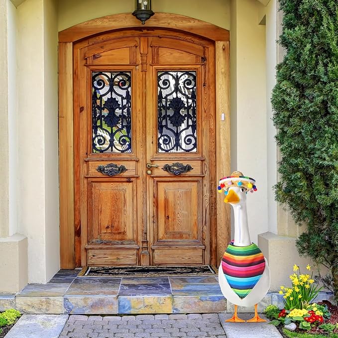 Shyyween Mexican Porch Goose Outfit for 23"/ 17'' Lawn Goose Statue Sombrero with Bandana Scarf for Garden Patio Yard Decor(Bright)