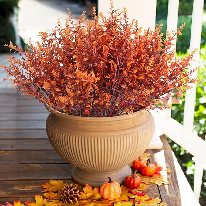 RECUTMS Faux Greenery Fake Lavender Fall Plants 20Pcs Fade Resistant Outdoor Flowers Faux Autumn Plants Fake Flowers Bulk Artificial Greenery for Porch Office Bathroom Fall Party Decorations (Brown)