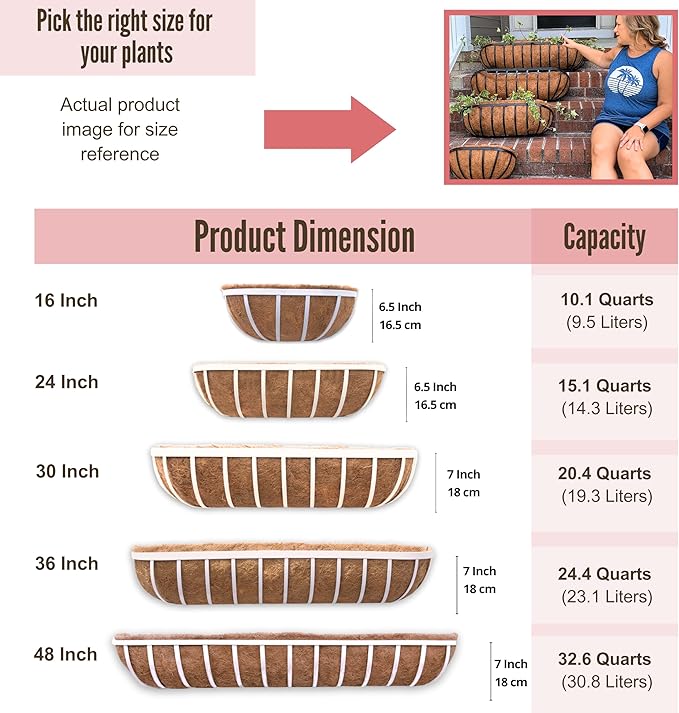 LaLaGreen Window Planter Box (24 Inch, 2 Pack) White Metal Deck Railing Flower Boxes with Coco Liners, Rectangular Wall Planters for Outdoor Plants Horse Troughs Fence Balcony Garden Herb Patio Porch