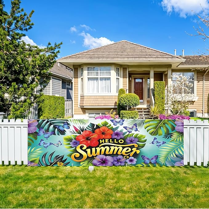 10x3 ft Extra Large Summer Flower Banner Outdoor 115''x35'' Hello Summer Banner for Fence Outside Garden Large Flower Banners Yard