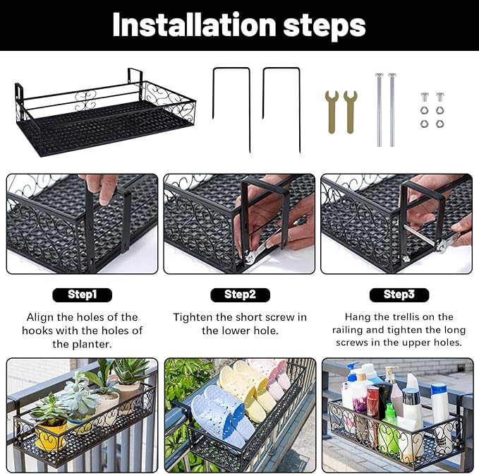 Metal Planter Flower Pot Holder Railing Shelf, Iron Balcony Planters Railing Hanging Bucket Pot Flower Holder with Hooks for Outdoor Garden Porch Patio(Black, 23.6 x 7.8 x 4.7 Inch)