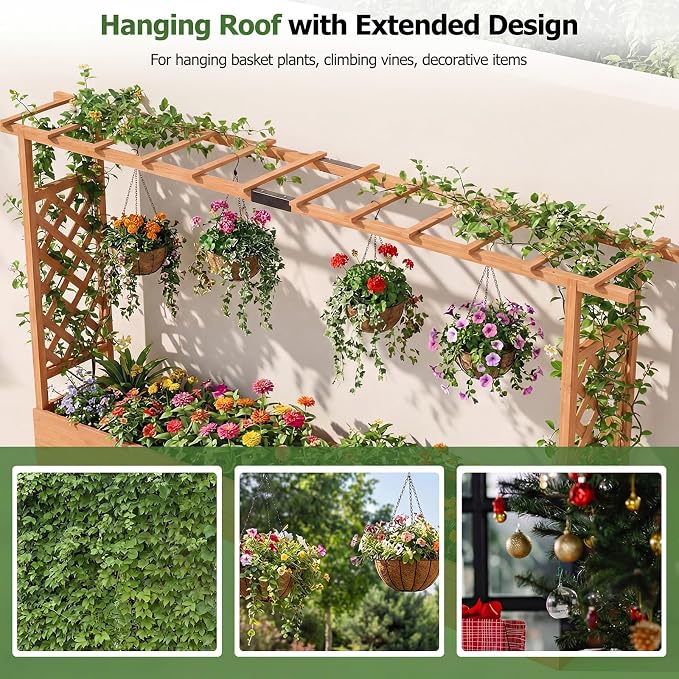 HAPPYGRILL Raised Garden Bed with Trellis, Freestanding 45" Wood Planter Box w/Hanging Roof & 8 Drainage Holes for Vine Climbing Plants Flowers, Outdoor Wood Elevated Garden Bed for Patio Yard, Orange