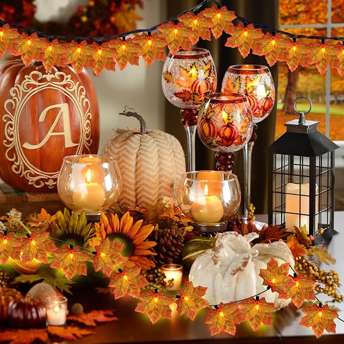 GOOTHY Fall Decor Orange Maple Leaf String Lights Plug in, 13.6Ft LED Outdoor Thanksgiving Decorations Lights with 35 Maple Leaves Light, Hanging Halloween Leaves Light for Outdoor Fall Party Window