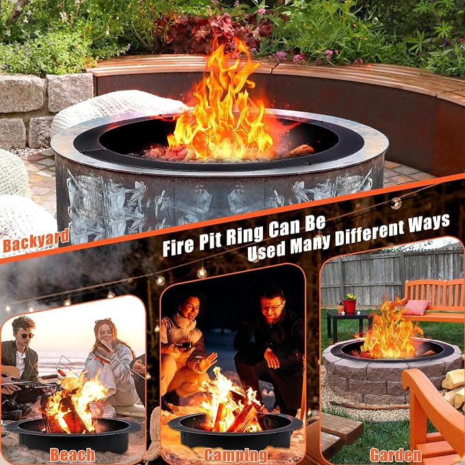 Smokeless Fire Pit Ring 42-Inch Outer/36-Inch Inner Diameter for Outside Fire Pit, Heavy Duty Steel Insert, DIY Ring Insert Accessories, Easy Setup Above or In-Ground for Backyard, Camping, Black