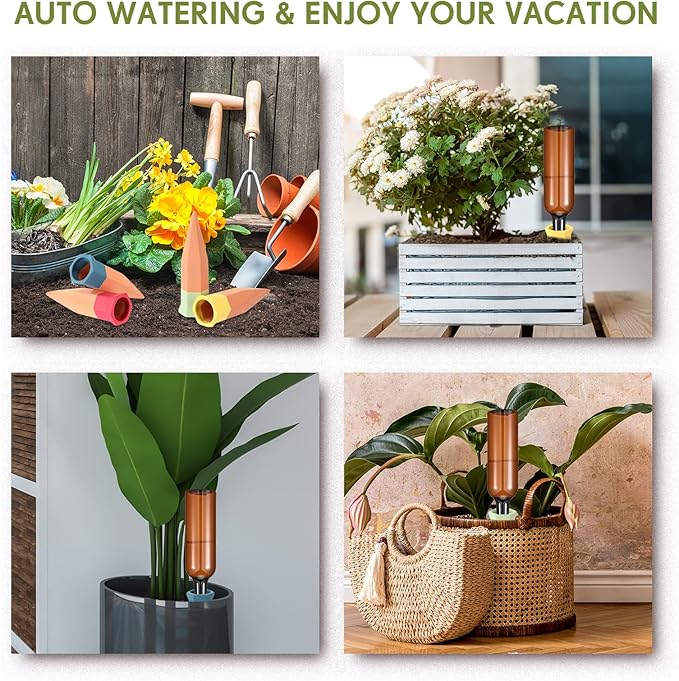 Baderke 24 Pcs 12 Set Plant Watering Devices, Terracotta Watering Spikes with 25 oz Plastic Wine Bottles, Slow Release Vacation Insert Automatic Plant Waterer Devices for Indoor Outdoor