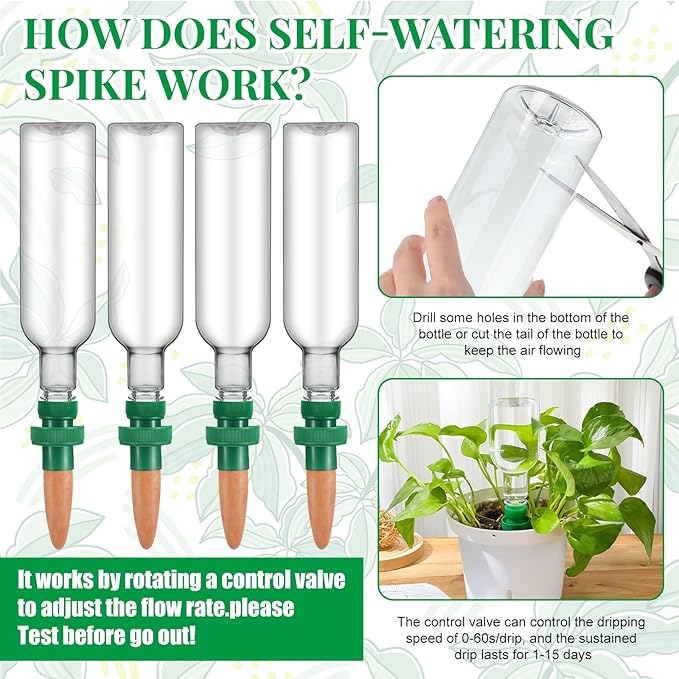 SiliFine 8 Set Plant Watering Devices Include Self Watering Spikes and 26 oz Plastic Bottles Plant Waterer Devices with Adjustable Control Valve Switch Indoor Outdoor (Clear)